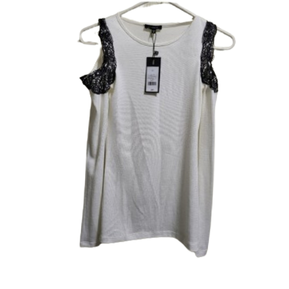 Dynamite White Blouse with Black Lace Accents